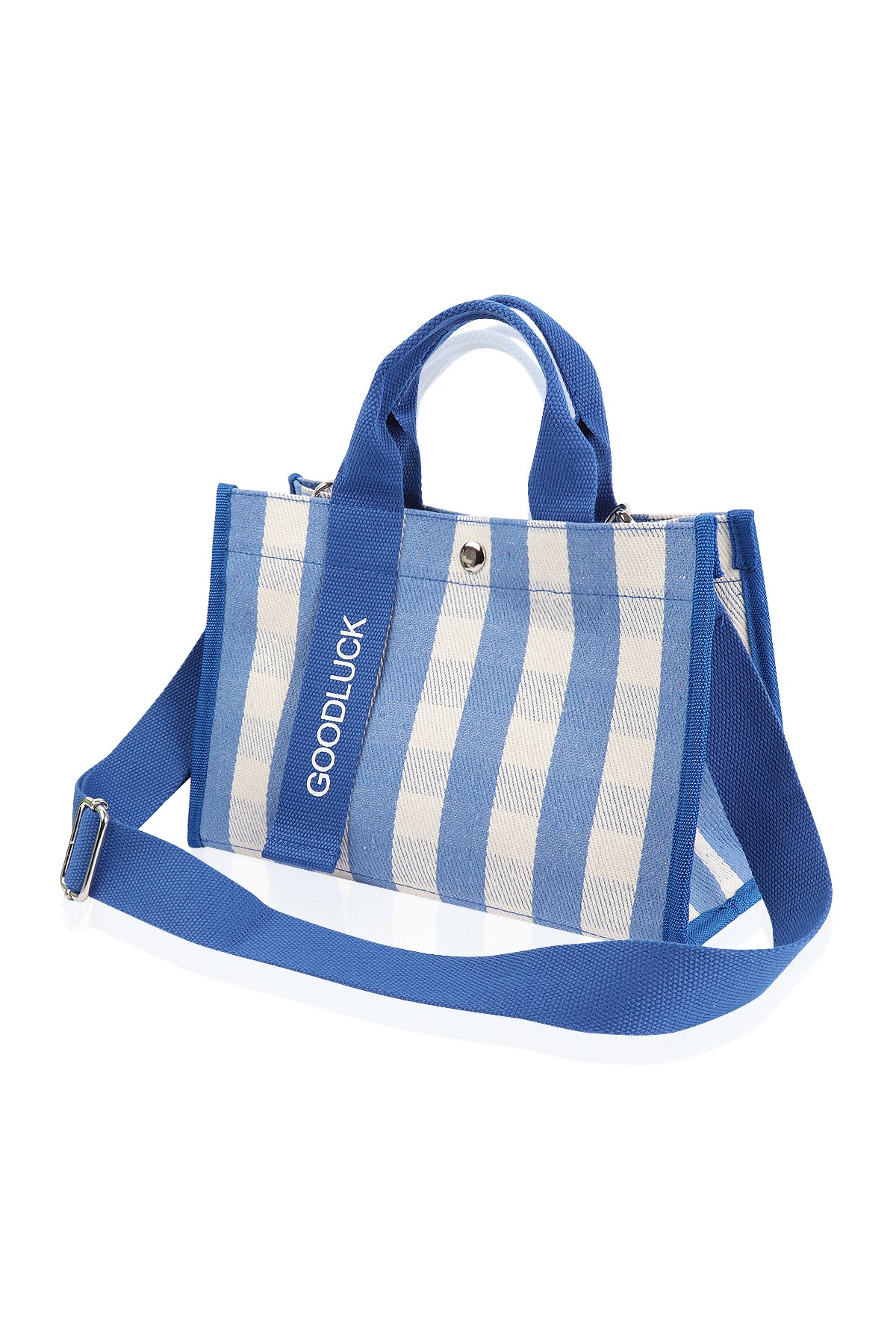 Mini Momo Tote Bag for Women Canvas Structured Purse - Casual Fabric Stripe Handbag - Plaid Light Blue