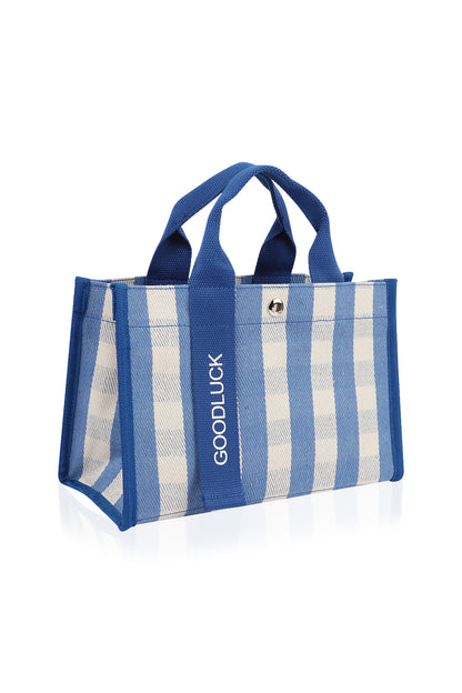 Mini Momo Tote Bag for Women Canvas Structured Purse - Casual Fabric Stripe Handbag - Plaid Light Blue