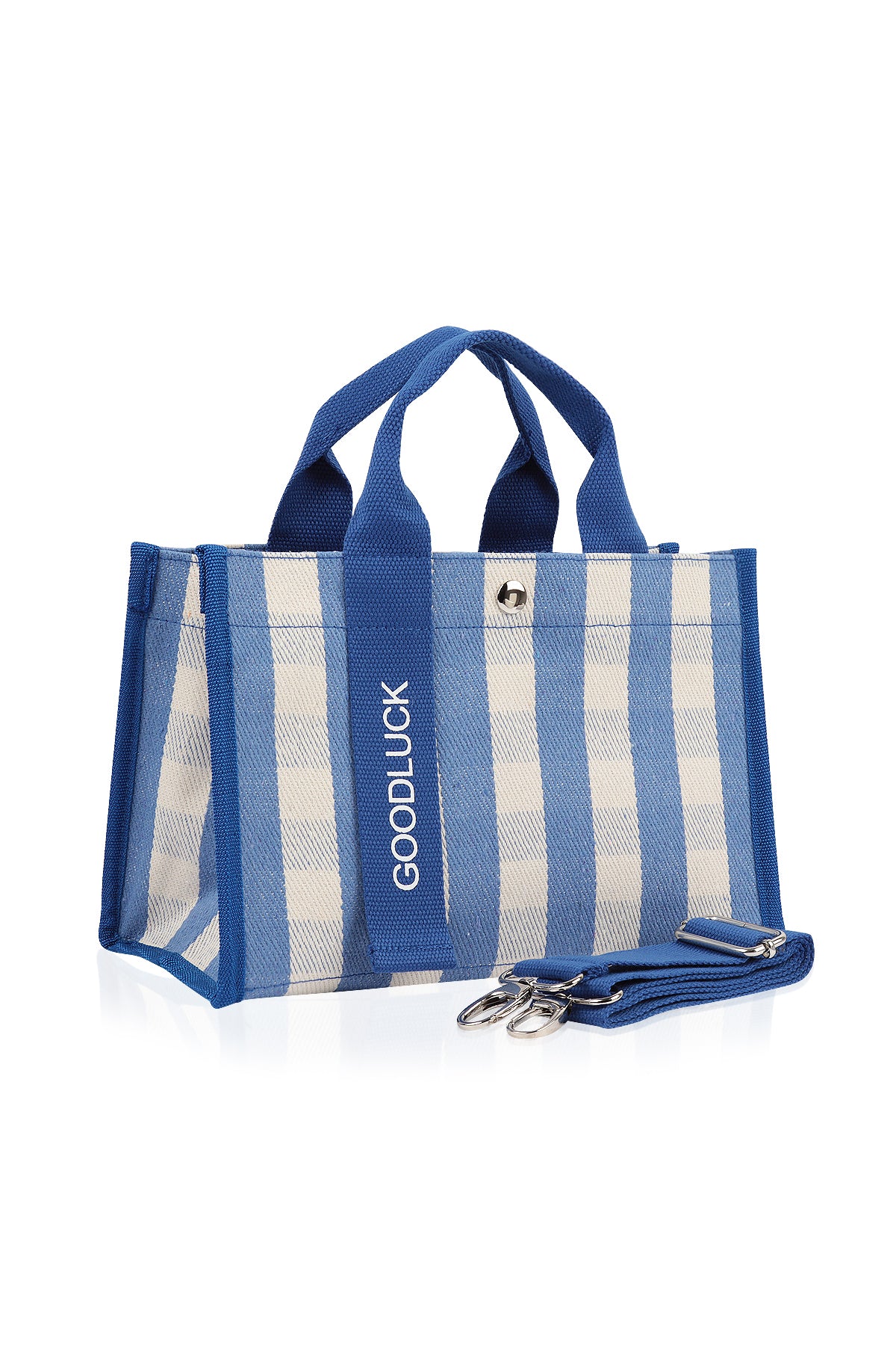 Mini Momo Tote Bag for Women Canvas Structured Purse - Casual Fabric Stripe Handbag - Plaid Light Blue