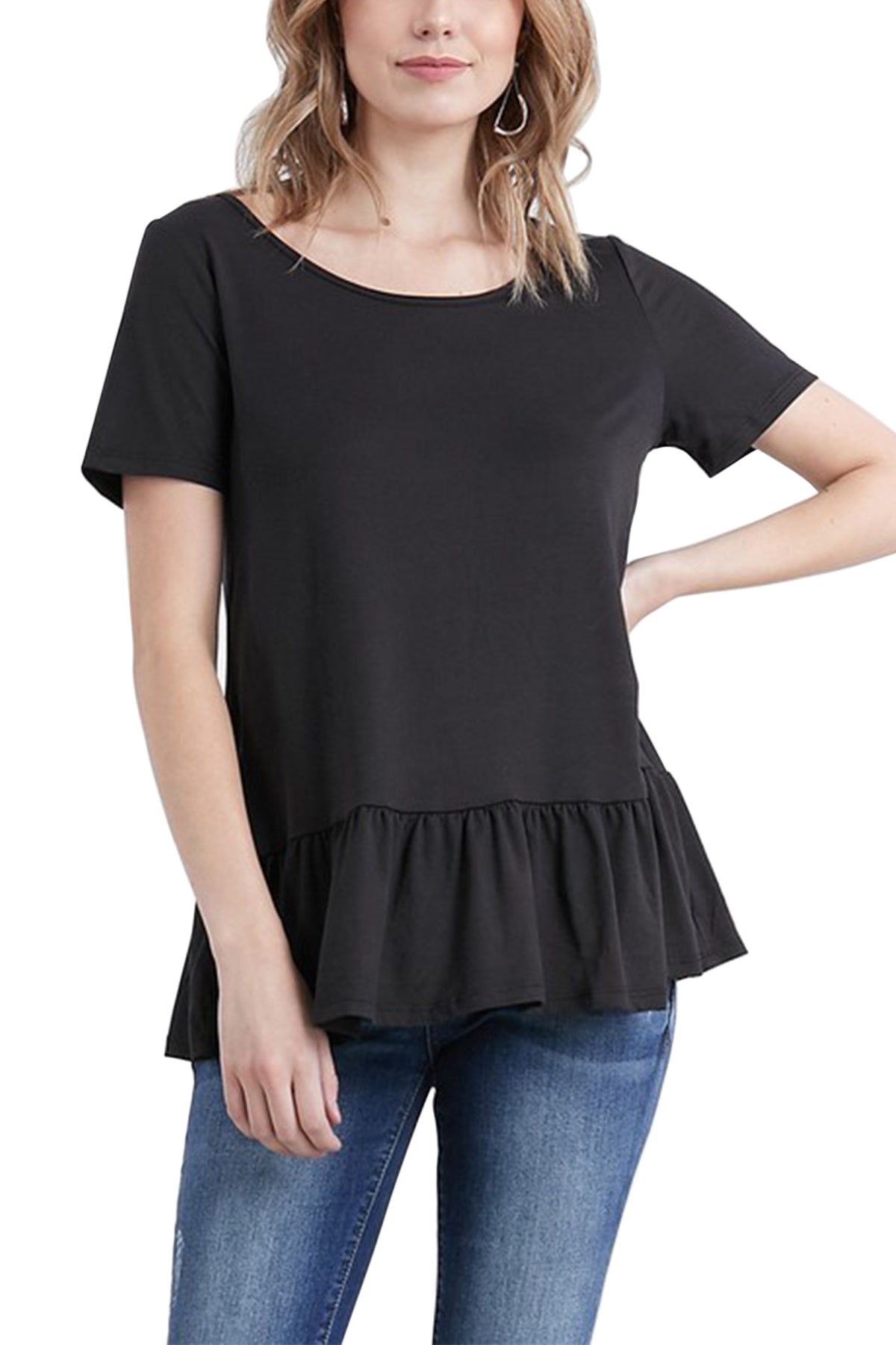 Mini Momo Women's Top Casual Shirt - Cute Tunic T-Shirt for Women Tiered Ruffle Shirring - Lifestyle - Front - Black