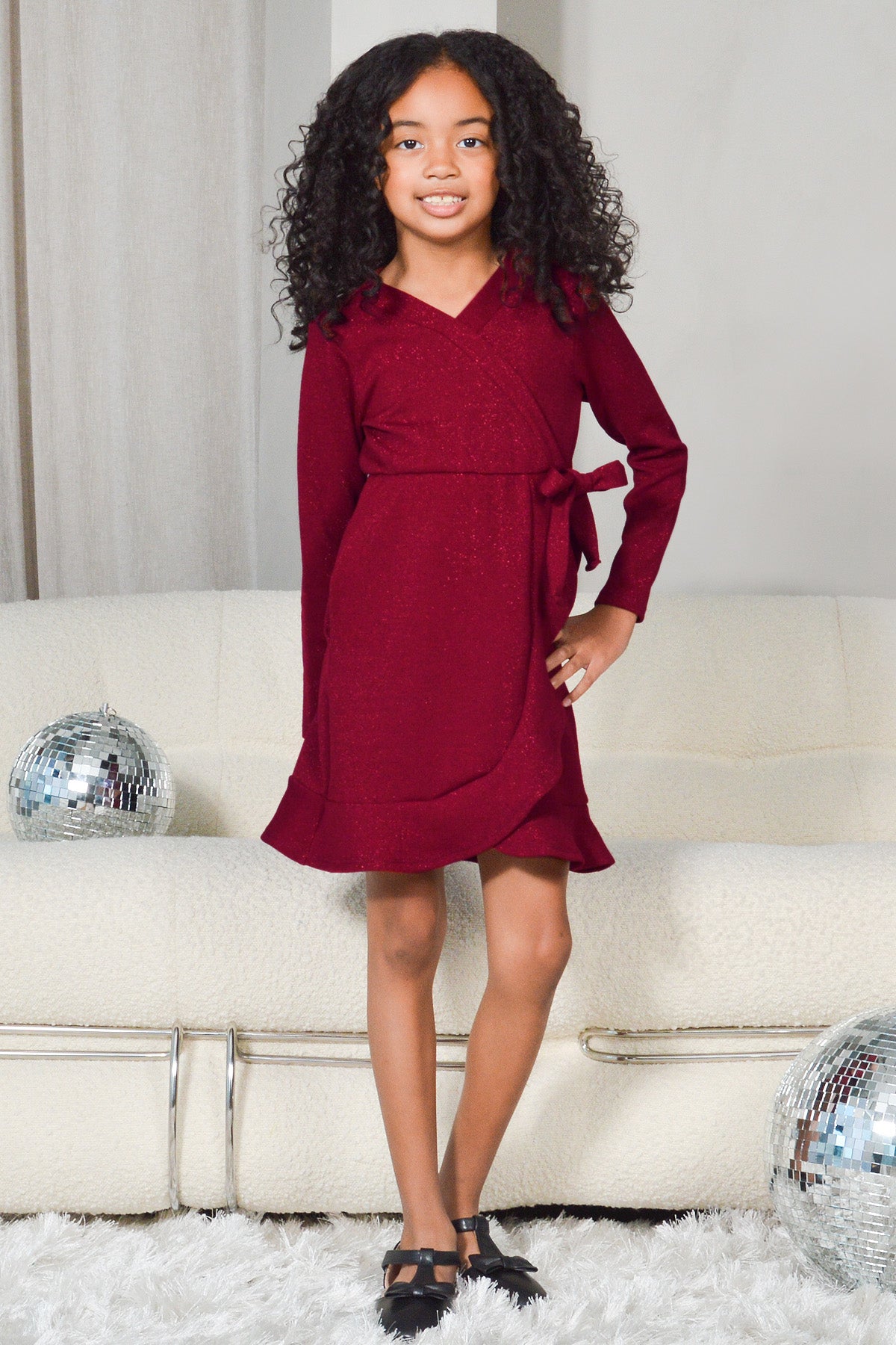 Mommy and Me Dresses - Family Matching Outfits Soft Jersey Pocket Wrap Dress Cute Print for Family Photoshoot - Burgundy