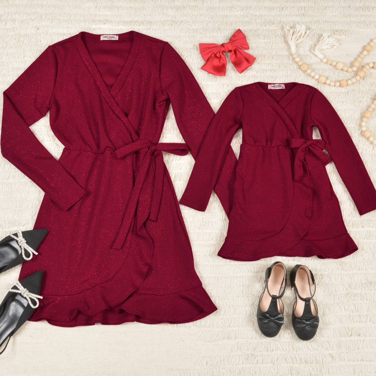 Mommy and Me Dresses - Family Matching Outfits Soft Jersey Pocket Wrap Dress Cute Print for Family Photoshoot - Burgundy