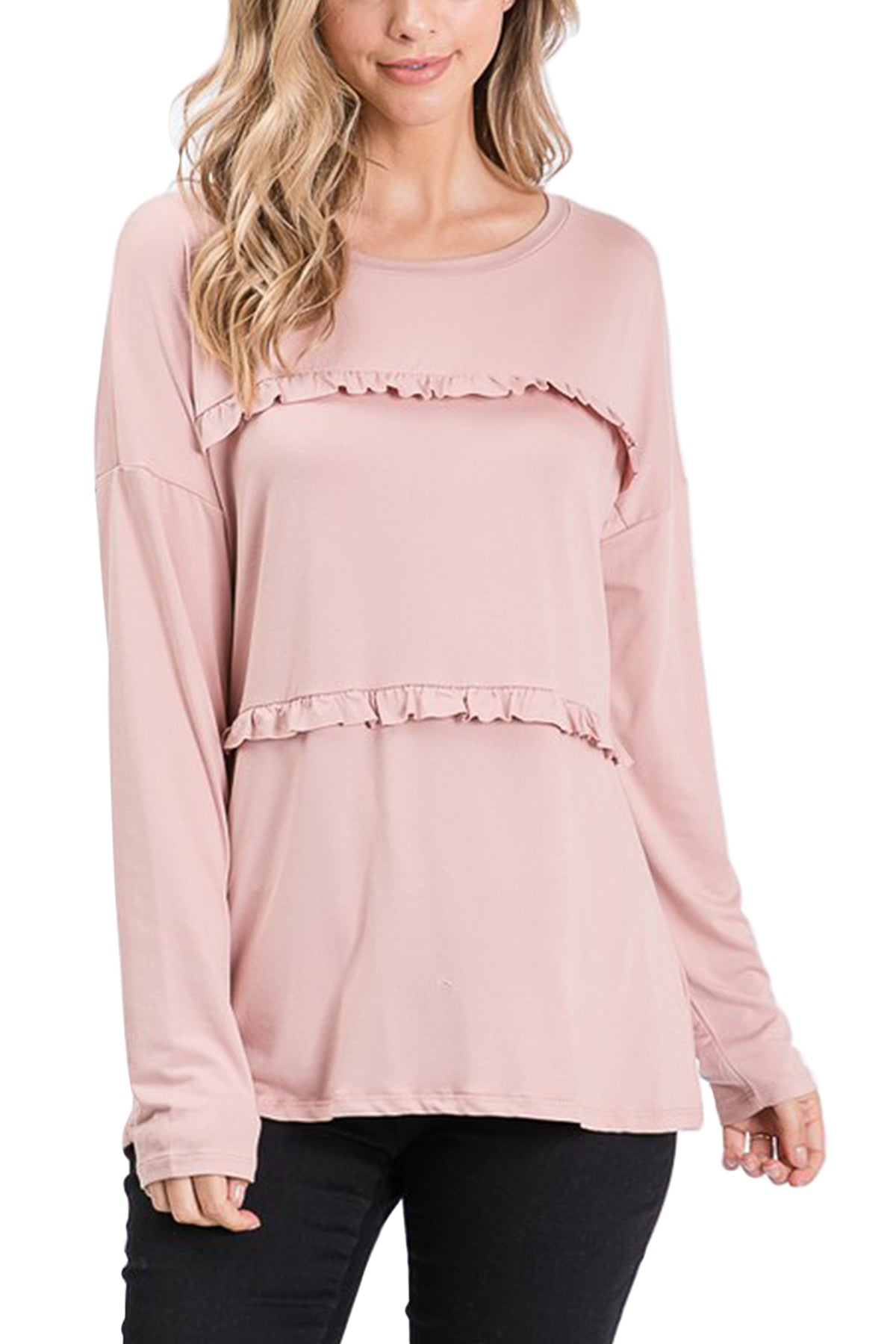 Mini Momo Women's Top Casual Shirt - Cute Tunic T-Shirt for Women Tiered Ruffle Shirring - Lifestyle - Front - Light Mauve