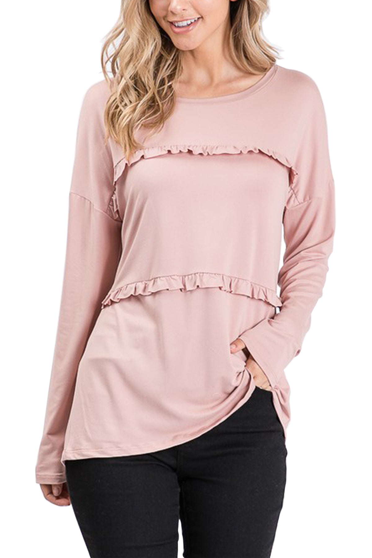 Mini Momo Women's Top Casual Shirt - Cute Tunic T-Shirt for Women Tiered Ruffle Shirring - Lifestyle - Front - Light Mauve