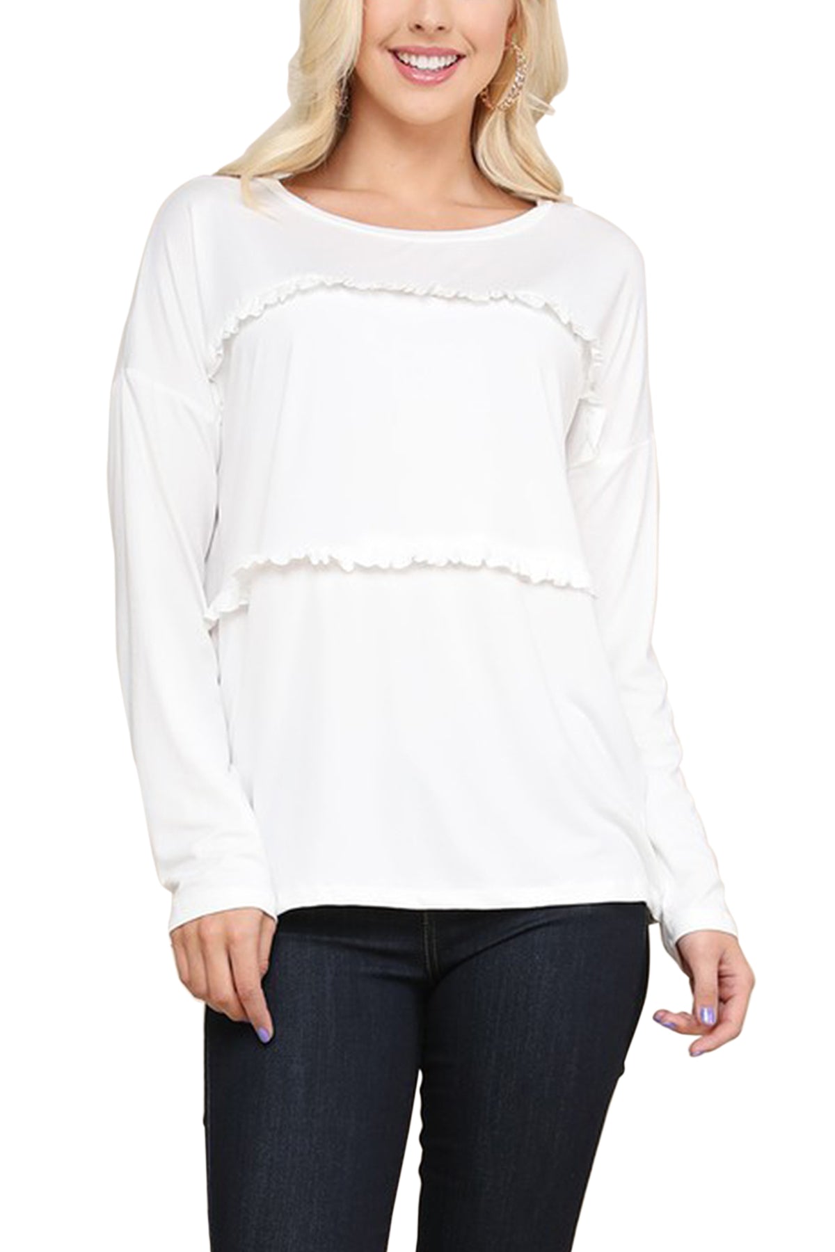 Mini Momo Women's Top Casual Shirt - Cute Tunic T-Shirt for Women Tiered Ruffle Shirring - Lifestyle - Front - Off White