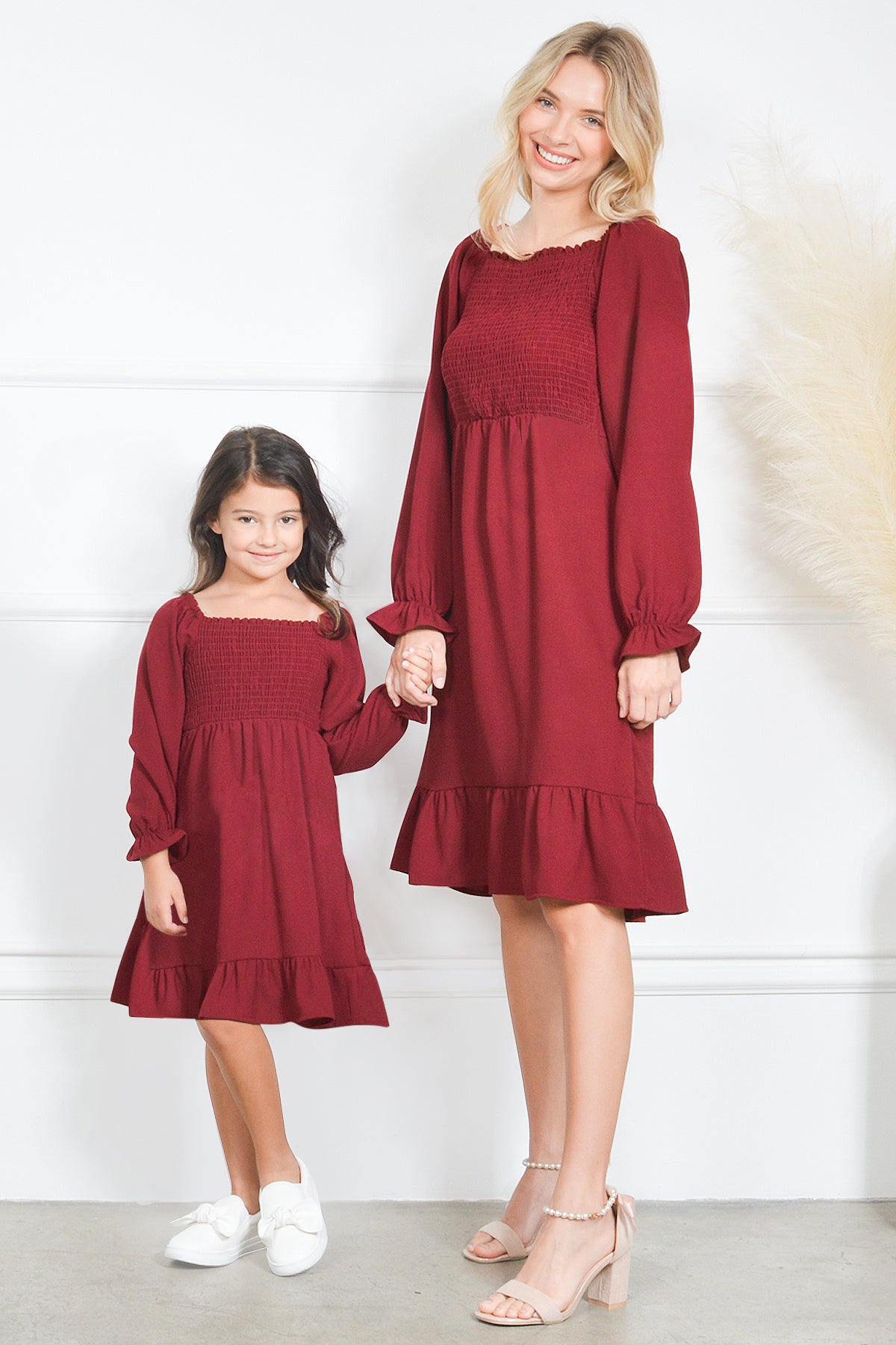 Mommy and Me Dresses - Smocked Dress Women Square Neck Pocket Boho Cute Family Matching Outfits - Lifestyle - Burgundy