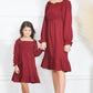 Mommy and Me Dresses - Smocked Dress Women Square Neck Pocket Boho Cute Family Matching Outfits- Lifestyle - Front - Burgundy