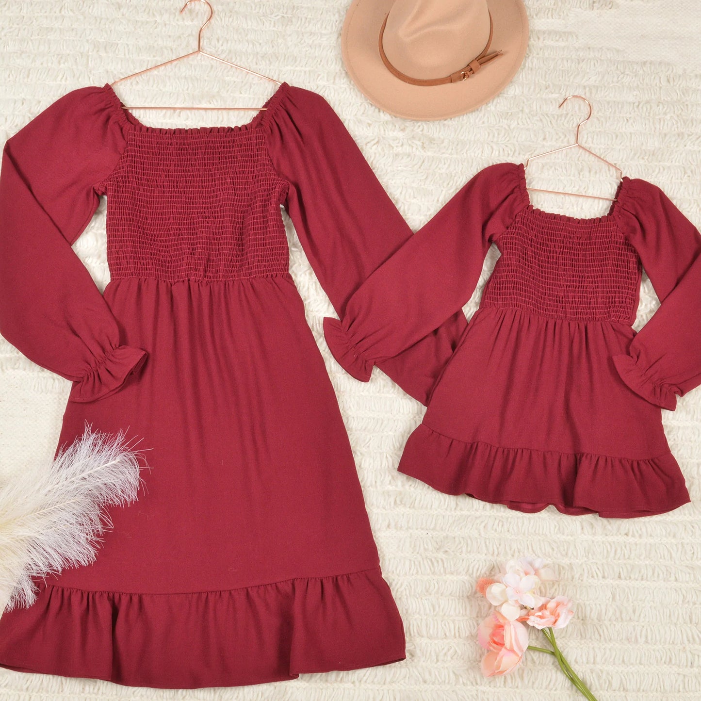 Mommy and Me Dresses - Smocked Dress Women Square Neck Pocket Boho Cute Family Matching Outfits - Front - Burgundy