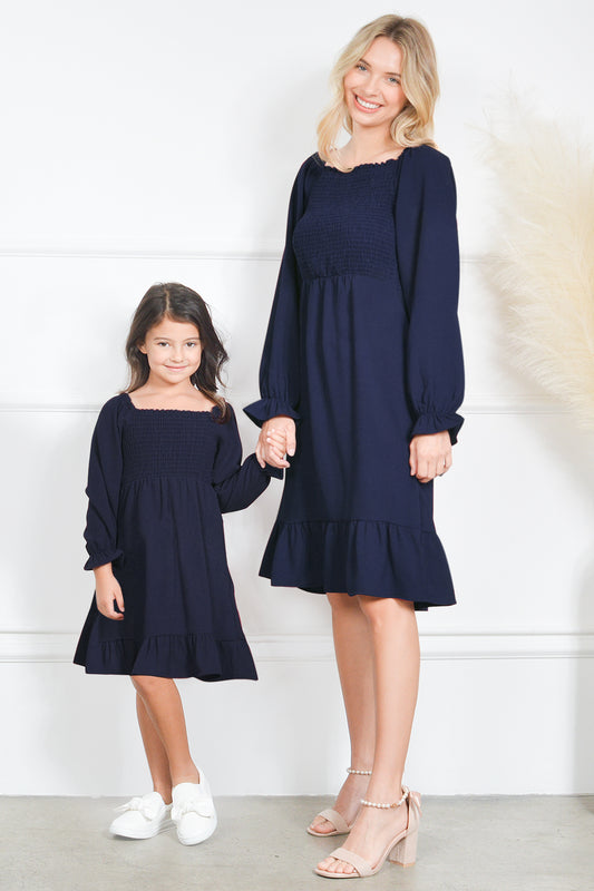 Mommy and Me Dresses - Smocked Dress Women Square Neck Pocket Boho Cute Family Matching Outfits - Lifestyle - Navy