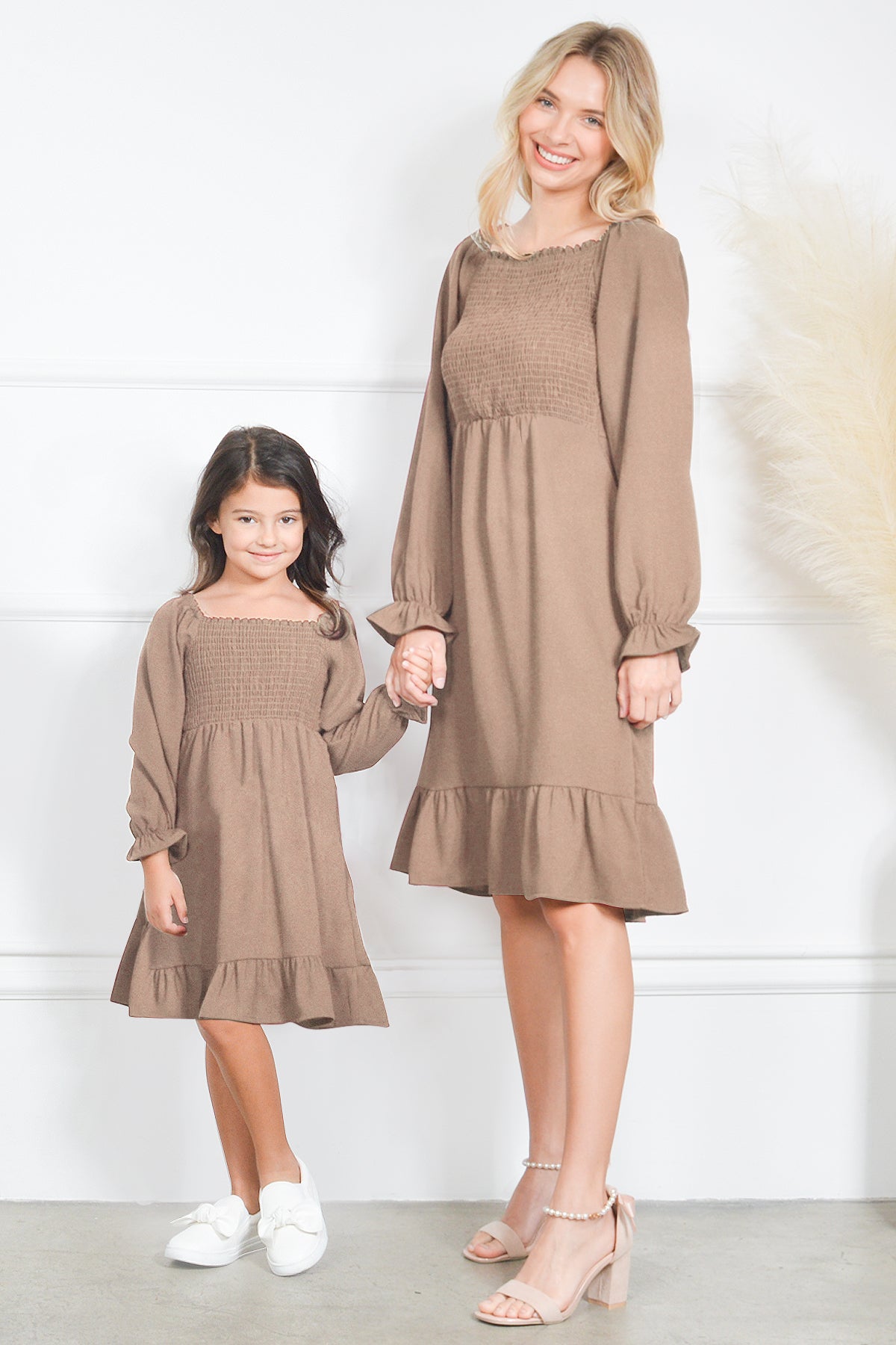 Mommy and Me Dresses - Smocked Dress Women Square Neck Pocket Boho Cute Family Matching Outfits - Lifestyle - Taupe