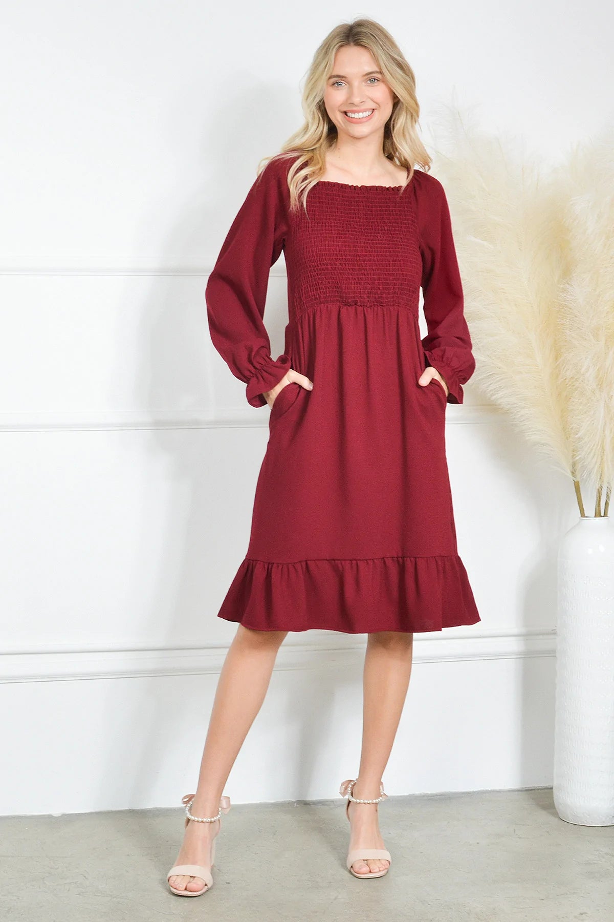 Mommy and Me Dresses - Smocked Dress Women Square Neck Pocket Boho Cute Family Matching Outfits- Lifestyle - Front - Burgundy