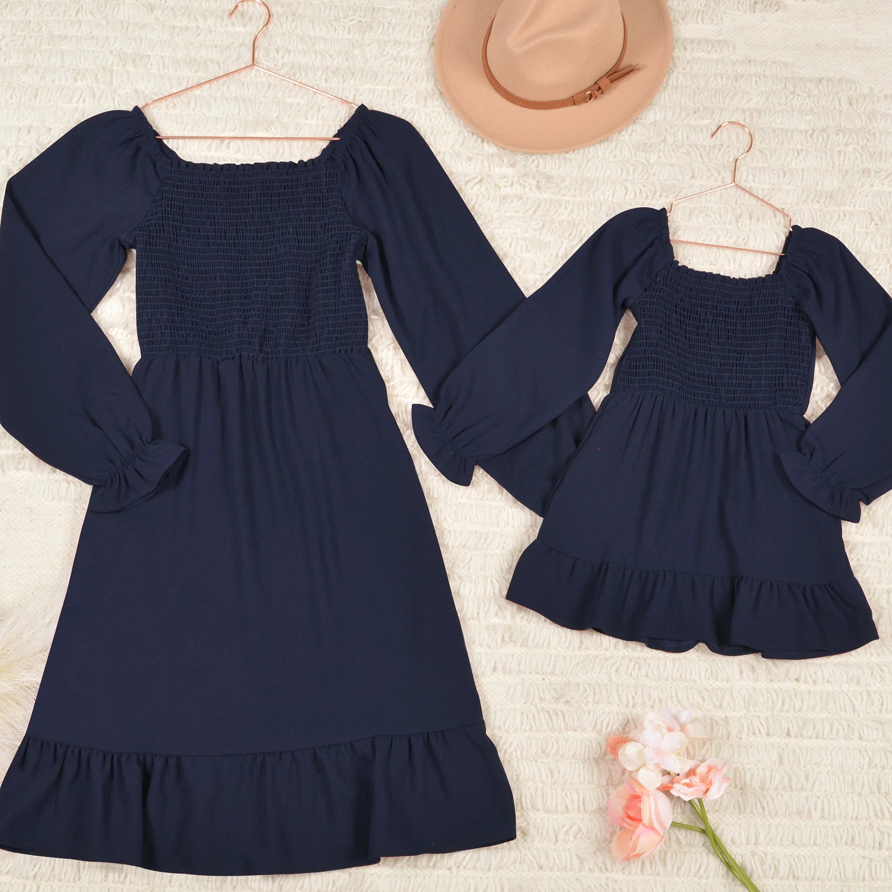 Mommy and Me Dresses - Smocked Dress Women Square Neck Pocket Boho Cute Family Matching Outfits - Front - Navy