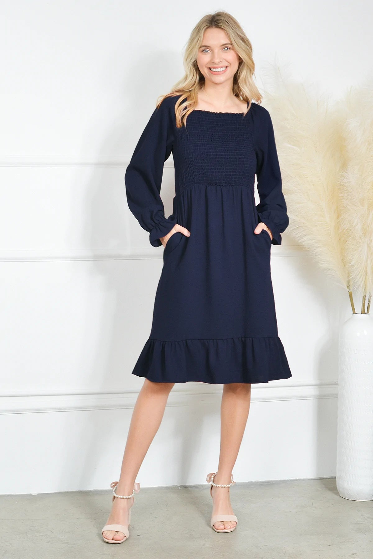 Mommy and Me Dresses - Smocked Dress Women Square Neck Pocket Boho Cute Family Matching Outfits- Lifestyle - Front - Navy