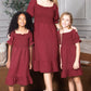 Mommy and Me Dresses - Smocked Dress Women Square Neck Pocket Boho Matching Outfits - Lifestyle - Crepe Burgundy