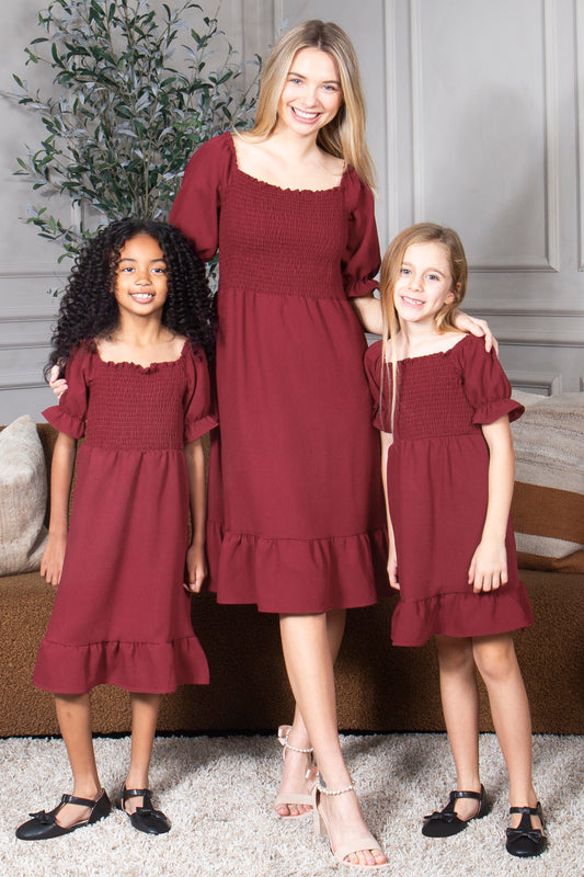 Mommy and Me Dresses - Smocked Dress Women Square Neck Pocket Boho Matching Outfits - Lifestyle - Crepe Burgundy