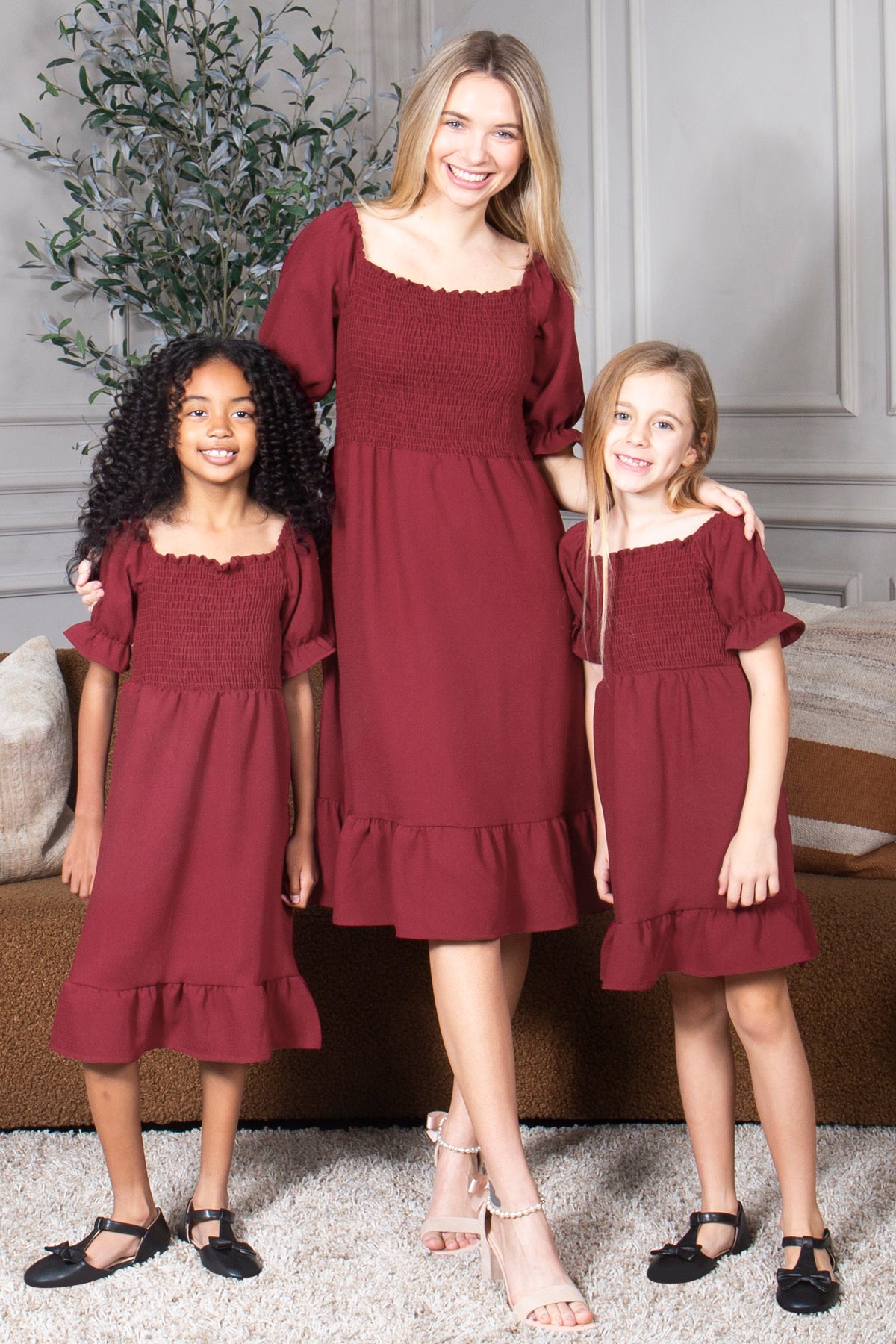 Mommy and Me Dresses - Smocked Dress Women Square Neck Pocket Boho Matching Outfits - Lifestyle  - Crepe Burgundy