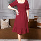 Mommy and Me Dresses - Smocked Dress Women Square Neck Pocket Boho Matching Outfits - Lifestyle - Back - Crepe Burgundy