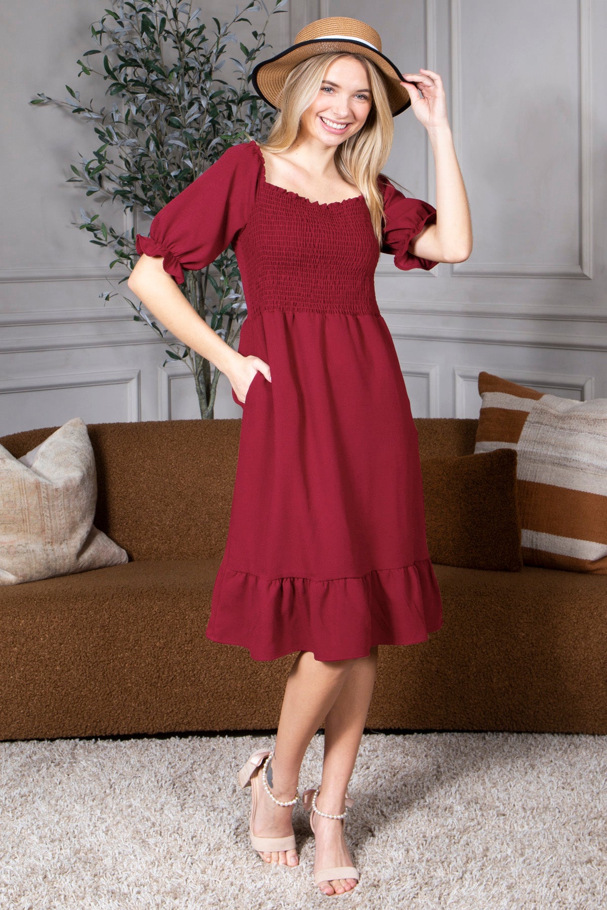 Mommy and Me Dresses - Smocked Dress Women Square Neck Pocket Boho Matching Outfits - Lifestyle - Front - Crepe Burgundy