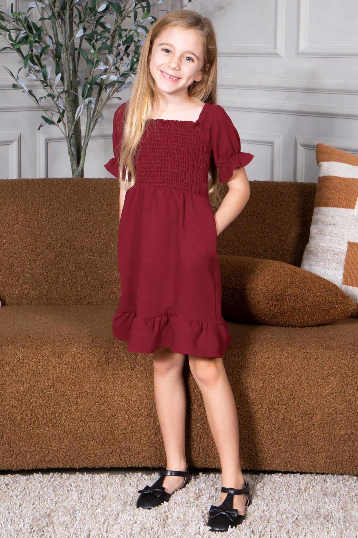 Mommy and Me Dresses - Smocked Dress Women Square Neck Pocket Boho Matching Outfits - Lifestyle - Front - Crepe Burgundy