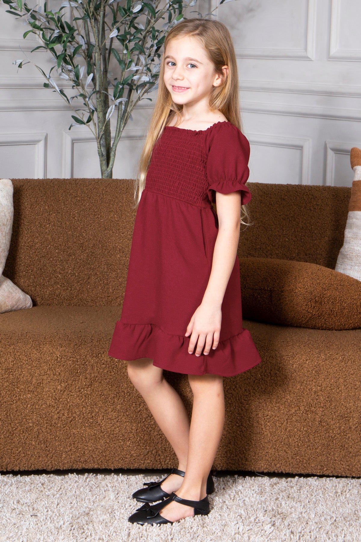 Mommy and Me Dresses - Smocked Dress Women Square Neck Pocket Boho Matching Outfits - Lifestyle - Side - Crepe Burgundy