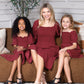 Mommy and Me Dresses - Smocked Dress Women Square Neck Pocket Boho Matching Outfits - Lifestyle - Crepe Burgundy