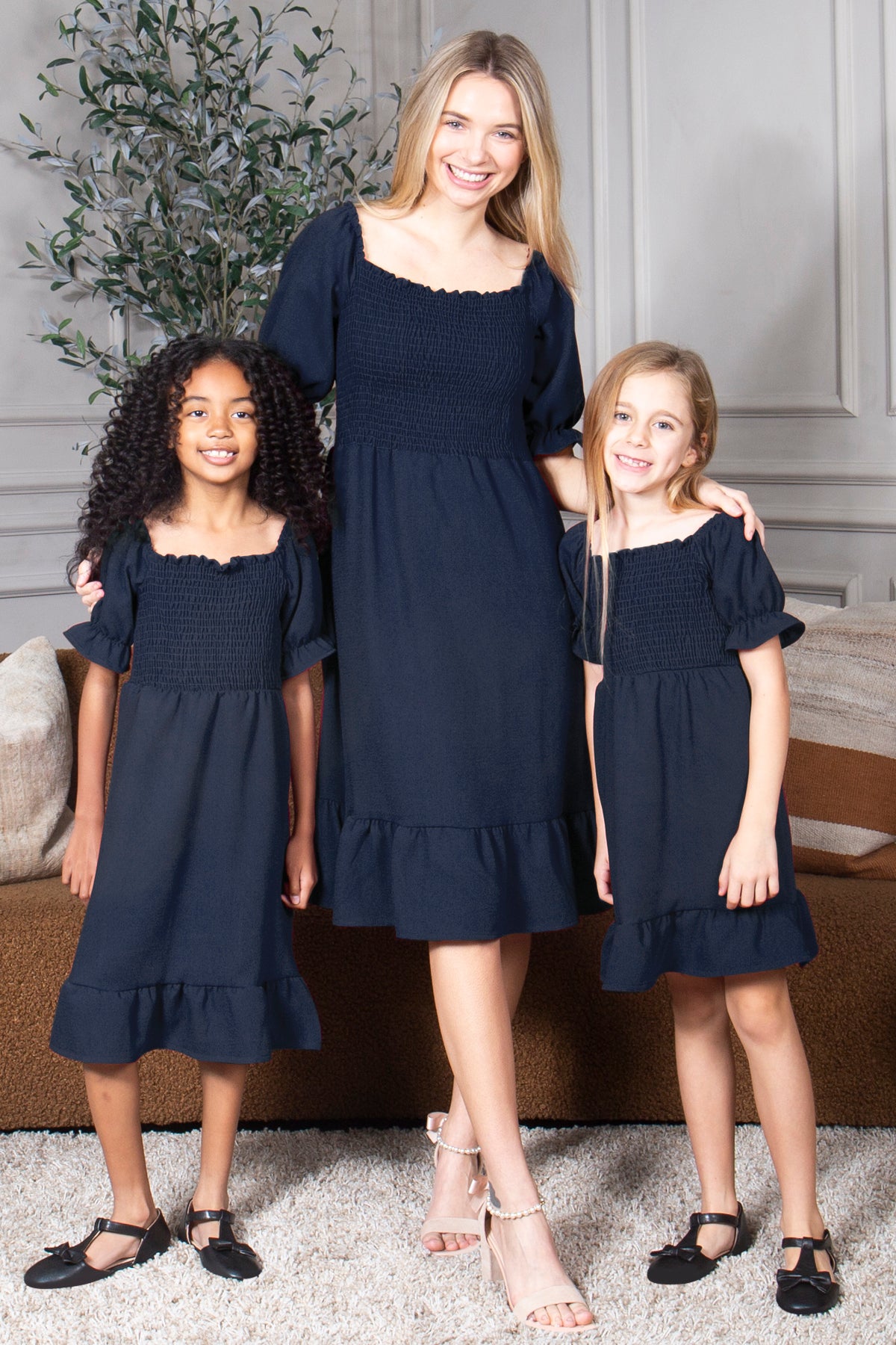 Mommy and Me Dresses - Smocked Dress Women Square Neck Pocket Boho Matching Outfits - Lifestyle - Crepe Navy