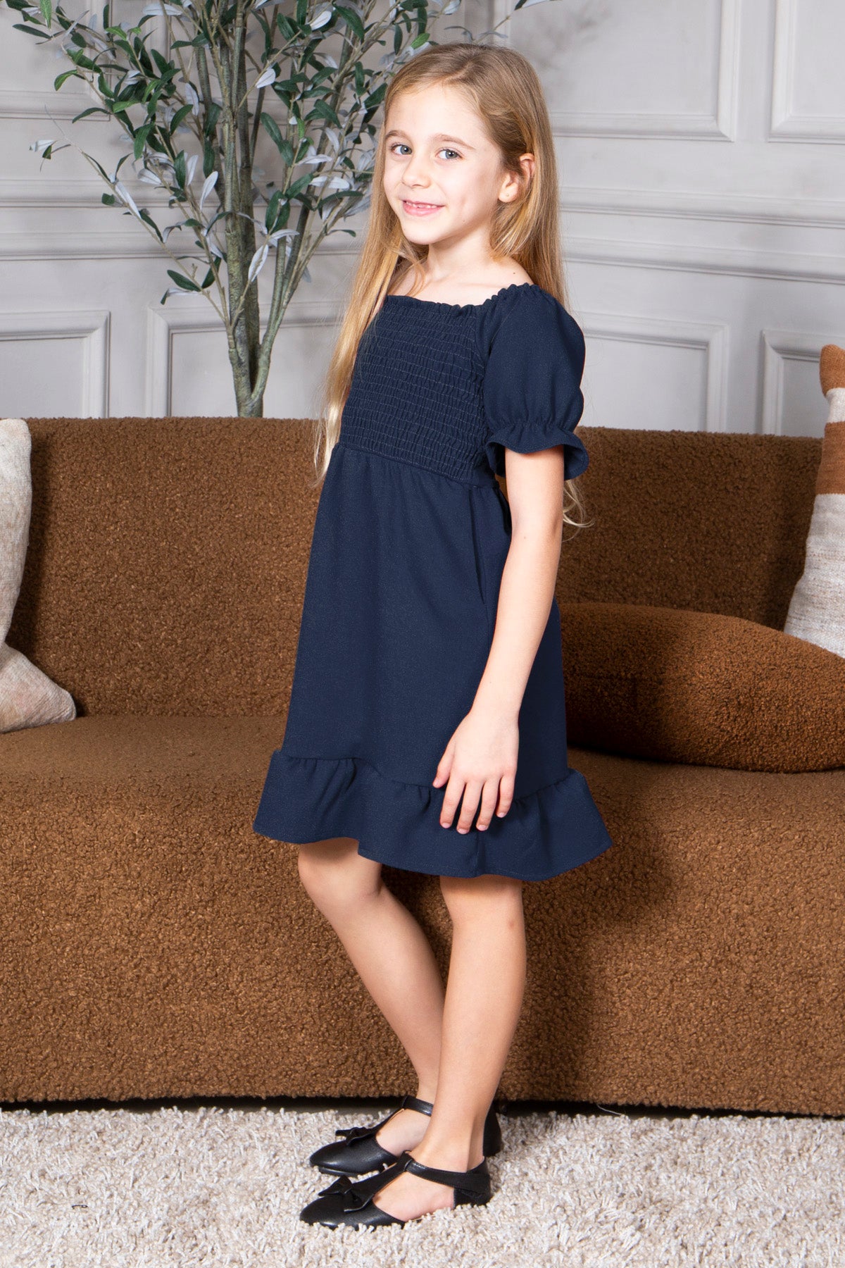 Mommy and Me Dresses - Smocked Dress Women Square Neck Pocket Boho Matching Outfits - Lifestyle - Side - Crepe Navy