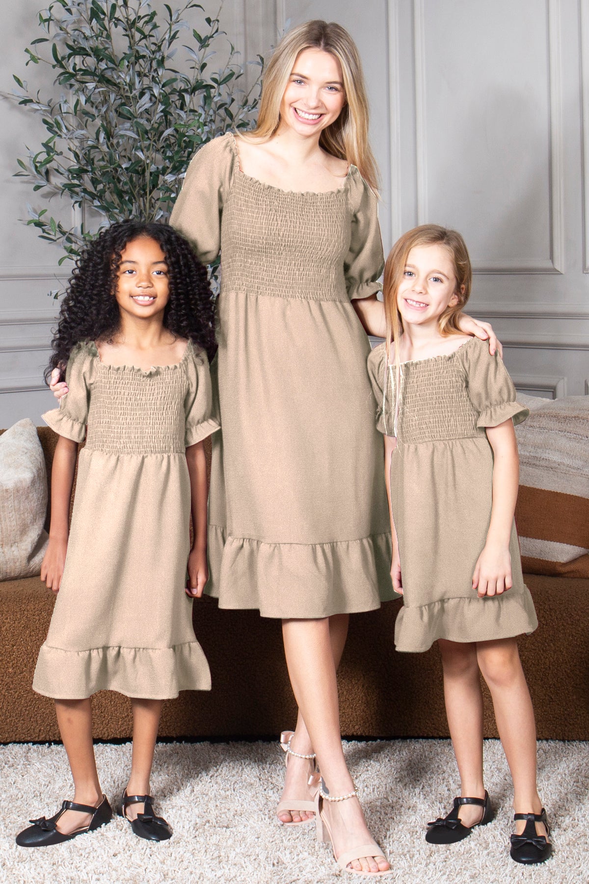 Mommy and Me Dresses - Smocked Dress Women Square Neck Pocket Boho Matching Outfits - Lifestyle - Crepe Taupe