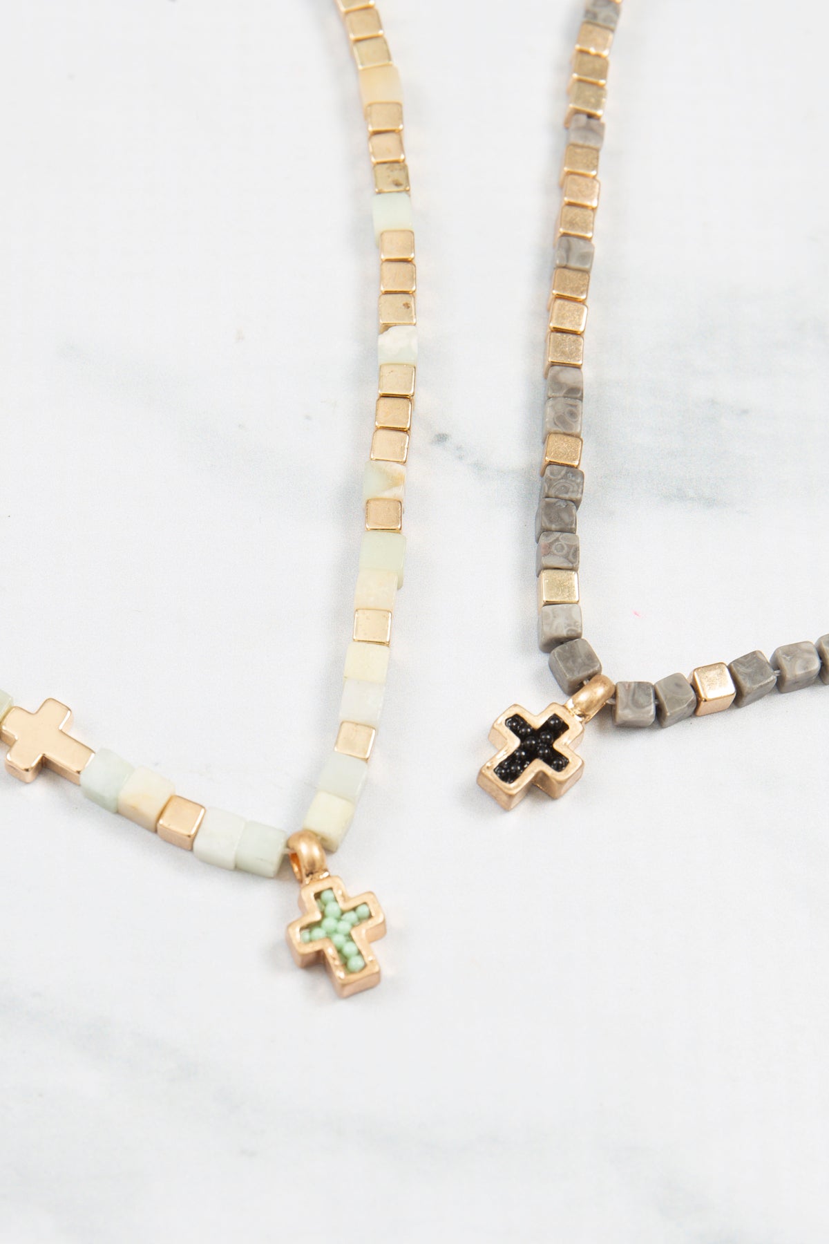 Cross Necklace for Women Religious Charm Natural Stone Cubic Prayer Bead Choker