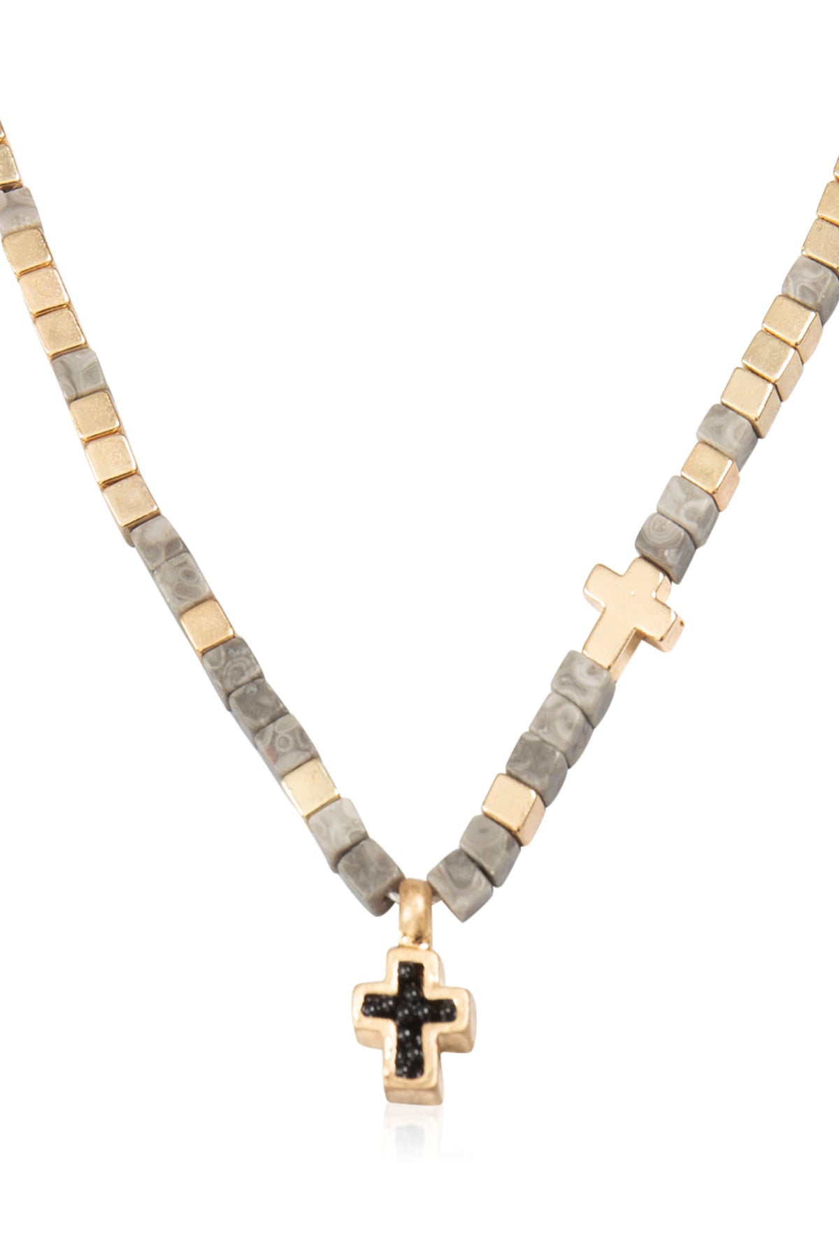 Cross Necklace for Women - Religious Charm - Natural Stone Cubic Prayer Bead Choke - Grey Jasper