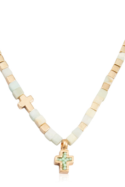 Cross Necklace for Women - Religious Charm - Natural Stone Cubic Prayer Bead Choke - Amazonite