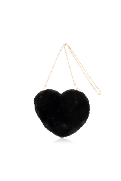 Mini Momo Heart Shape Handbag Cute Girls Purse - Fluffy Faux Fur Bag Women Crossbody, Valentines Day Bow Tie - Black