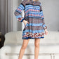 Mommy and Me Matching Dresses - Boho Long Sleeve Tiered Ruffle Hem Pocket Tunic Dress  - Front - Blue Multi