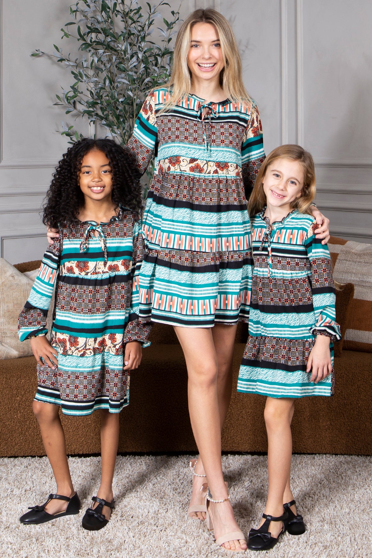 Mommy and Me Matching Dresses - Boho Long Sleeve Tiered Ruffle Hem Pocket Tunic Dress for Family Photoshoot - Lifestyle