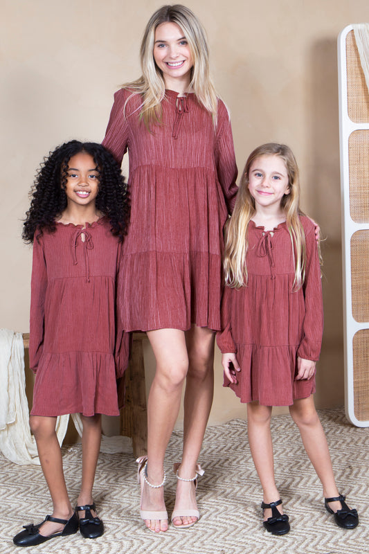 Mommy and Me Matching Dresses - Boho Long Sleeve Tiered Ruffle Hem Pocket Tunic Dress - Lifestyle - Burgundy