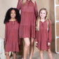 Mommy and Me Matching Dresses - Boho Long Sleeve Tiered Ruffle Hem Pocket Tunic Dress - Lifestyle - Burgundy