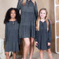 Mommy and Me Matching Dresses - Boho Long Sleeve Tiered Ruffle Hem Pocket Tunic Dress - Lifestyle - Dark Navy