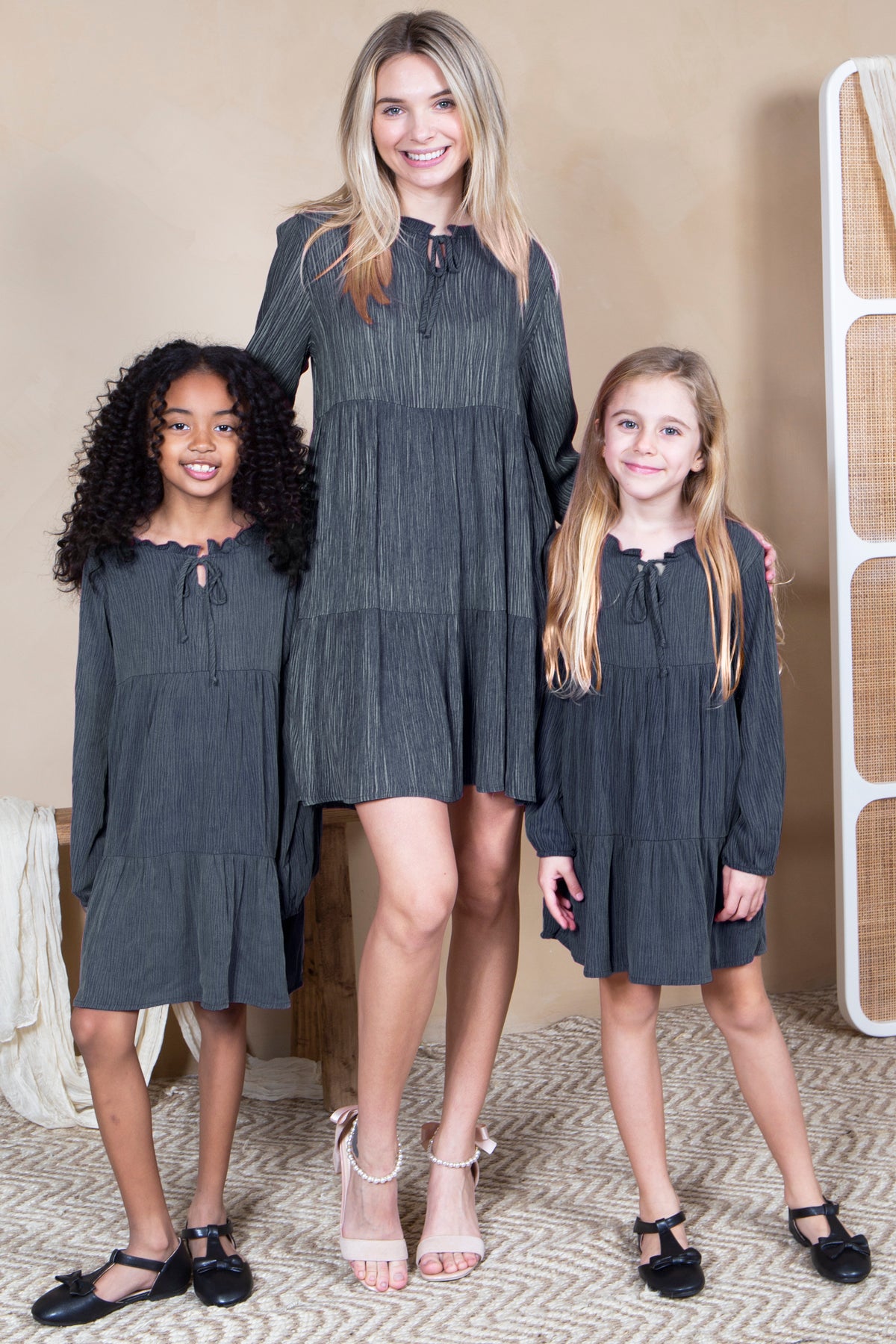 Mommy and Me Matching Dresses - Boho Long Sleeve Tiered Ruffle Hem Pocket Tunic Dress - Lifestyle - Dark Navy