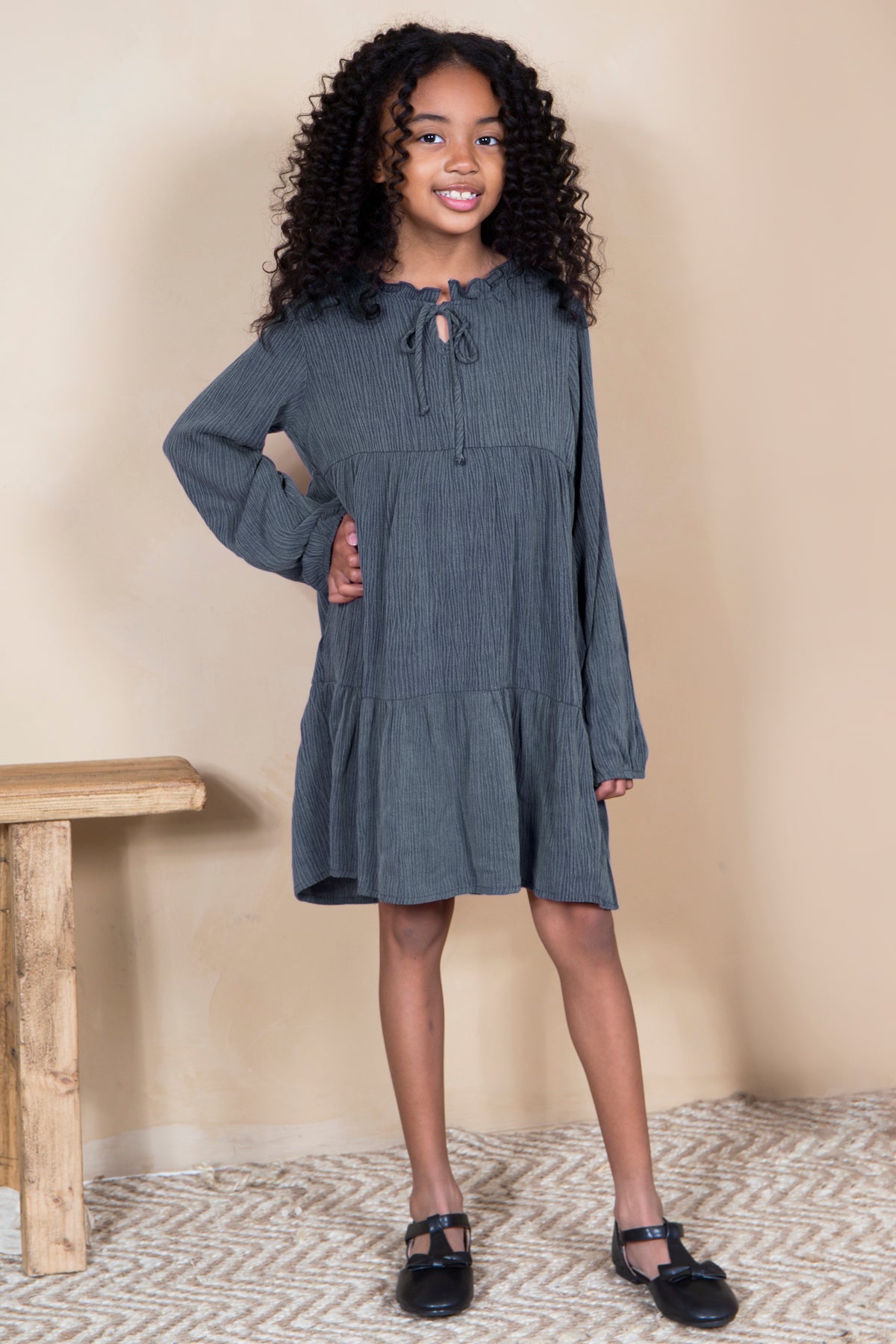 Mommy and Me Matching Dresses - Boho Long Sleeve Tiered Ruffle Hem Pocket Tunic Dress - Lifestyle - Front - Dark Navy