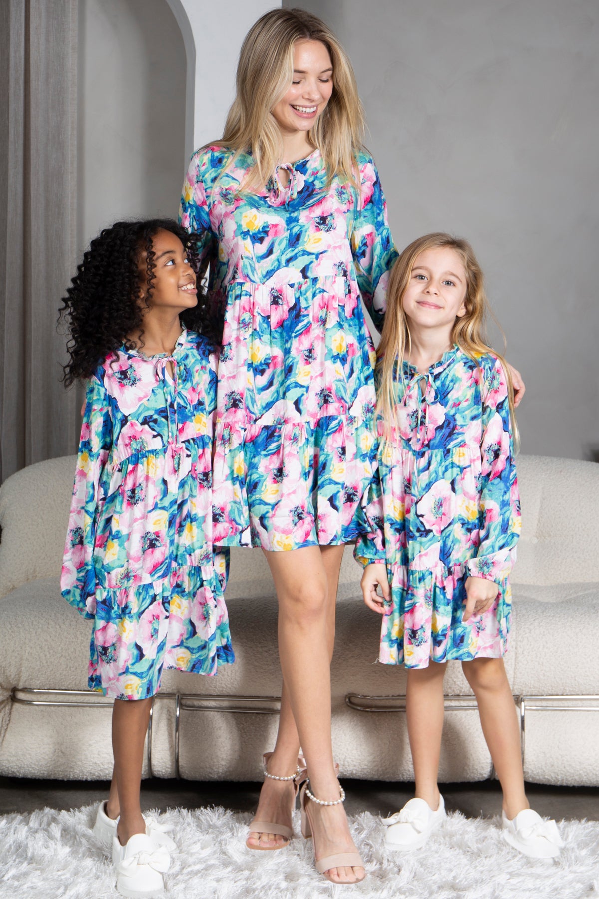 Mommy and Me Matching Dresses - Boho Long Sleeve Tiered Ruffle Hem Pocket Tunic Dress - Lifestyle - Front - Floral Pink