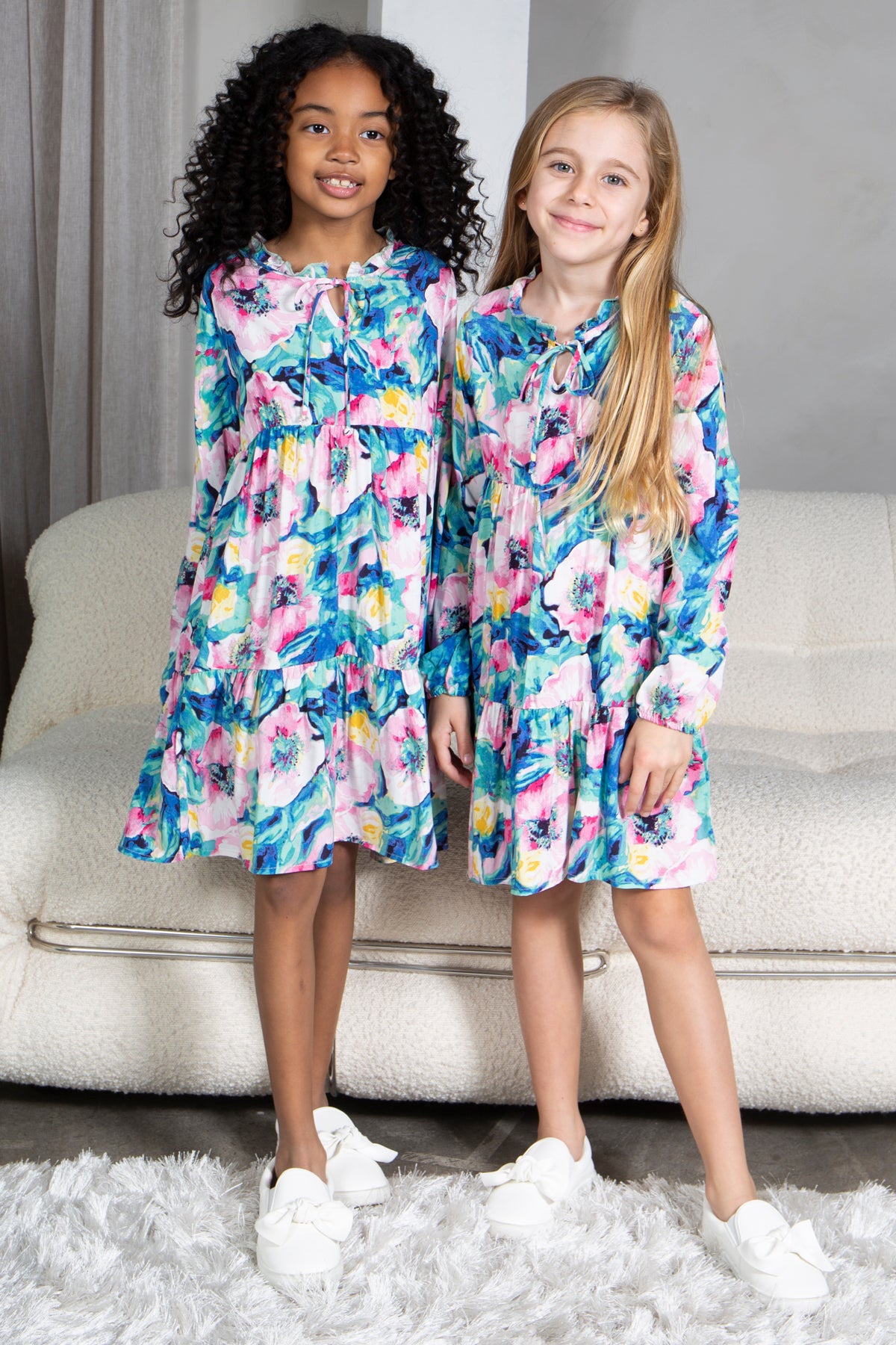 Mommy and Me Matching Dresses - Boho Long Sleeve Tiered Ruffle Hem Pocket Tunic Dress - Lifestyle - Front - Floral Pink