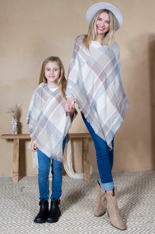 Mini Momo Blanket Shawl Wrap Mommy and Me Matching Cape - Winter Poncho Buffalo Plaid Warm Cardigan - Lifestyle