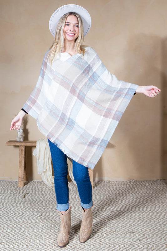 Mini Momo Blanket Shawl Wrap Mommy and Me Matching Cape - Winter Poncho Buffalo Plaid Warm Cardigan - Lifestyle - Front