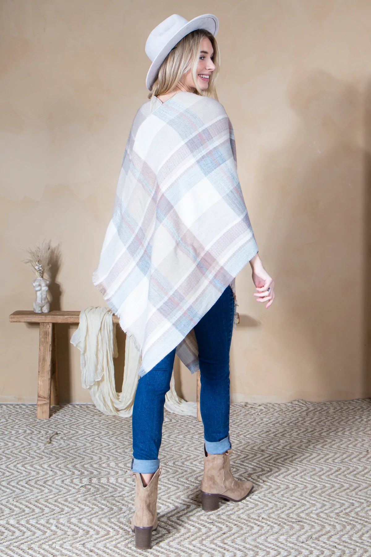 Mini Momo Blanket Shawl Wrap Mommy and Me Matching Cape - Winter Poncho Buffalo Plaid Warm Cardigan - Lifestyle - Back