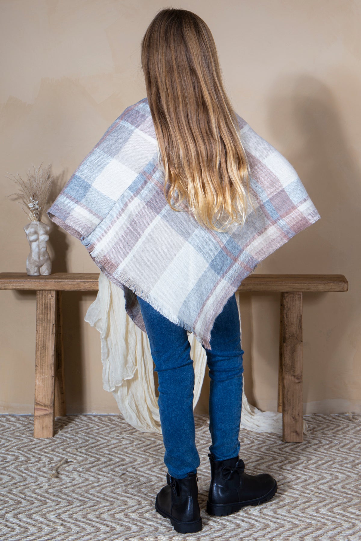 Mini Momo Blanket Shawl Wrap Mommy and Me Matching Cape - Winter Poncho Buffalo Plaid Warm Cardigan - Lifestyle - Back