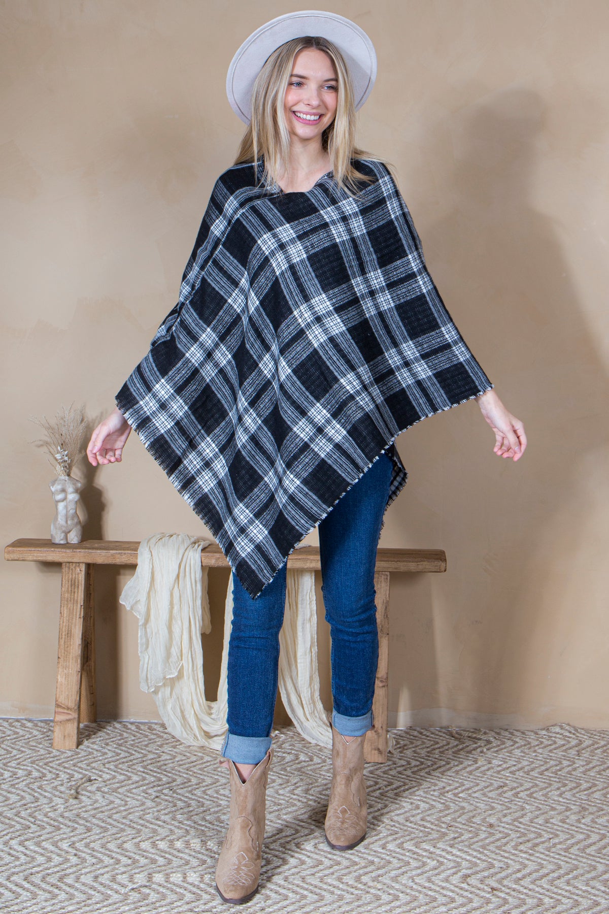 Mini Momo Blanket Shawl Wrap Mommy and Me Matching Cape - Winter Poncho Buffalo Plaid Warm Cardigan - Lifestyle - Front