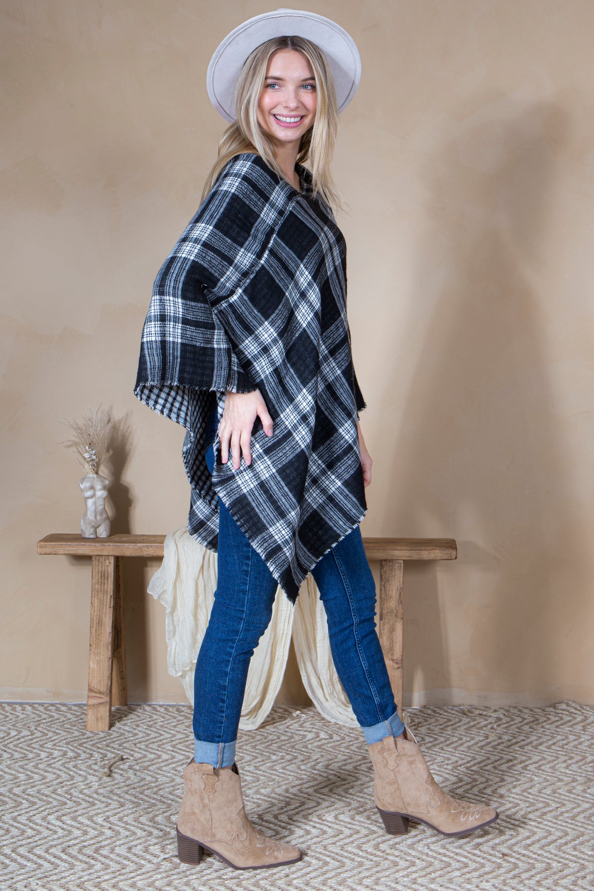 Mini Momo Blanket Shawl Wrap Mommy and Me Matching Cape - Winter Poncho Buffalo Plaid Warm Cardigan - Lifestyle - Side