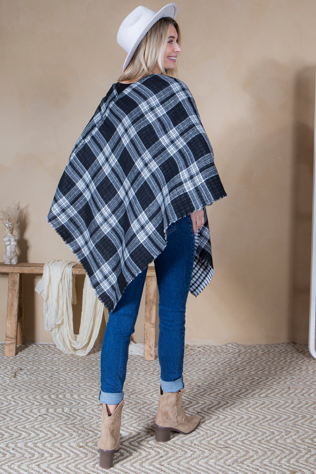 Mini Momo Blanket Shawl Wrap Mommy and Me Matching Cape - Winter Poncho Buffalo Plaid Warm Cardigan - Lifestyle - Back