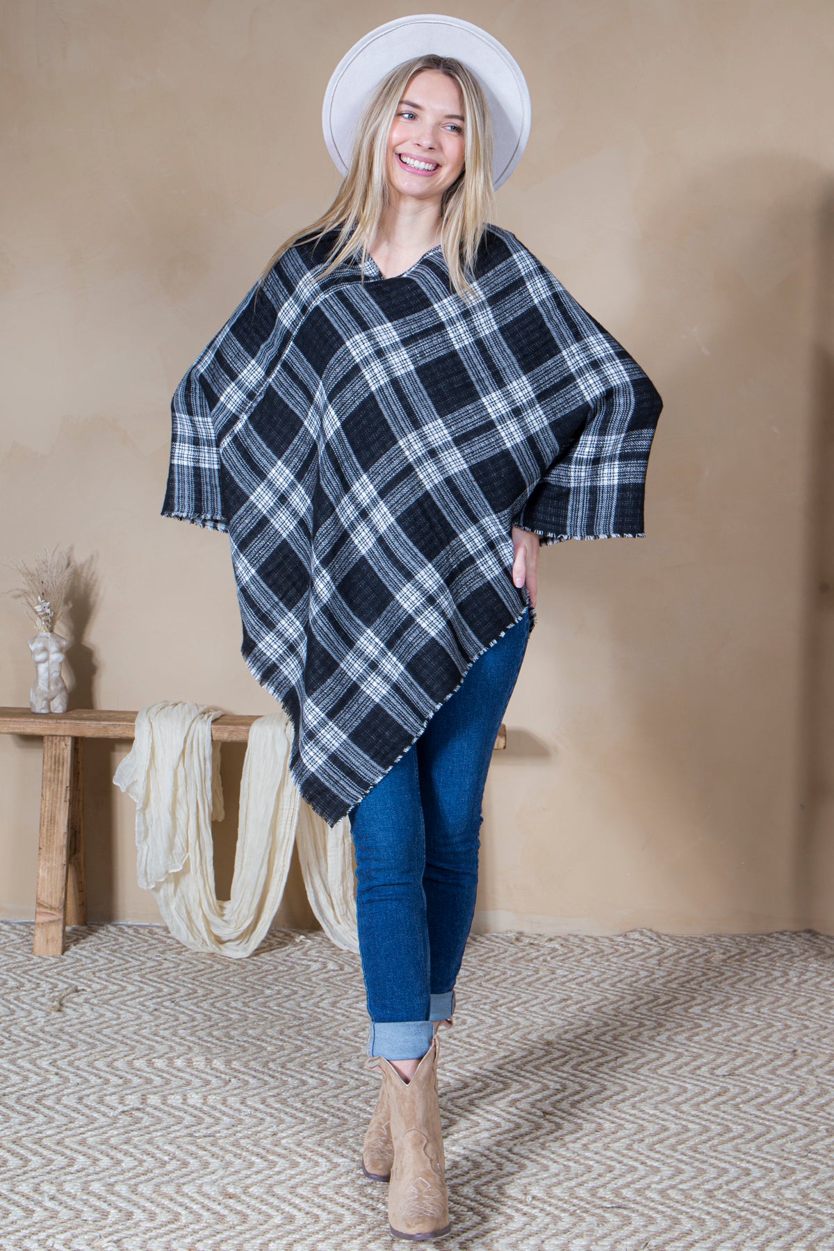 Mini Momo Blanket Shawl Wrap Mommy and Me Matching Cape - Winter Poncho Buffalo Plaid Warm Cardigan - Lifestyle - Front