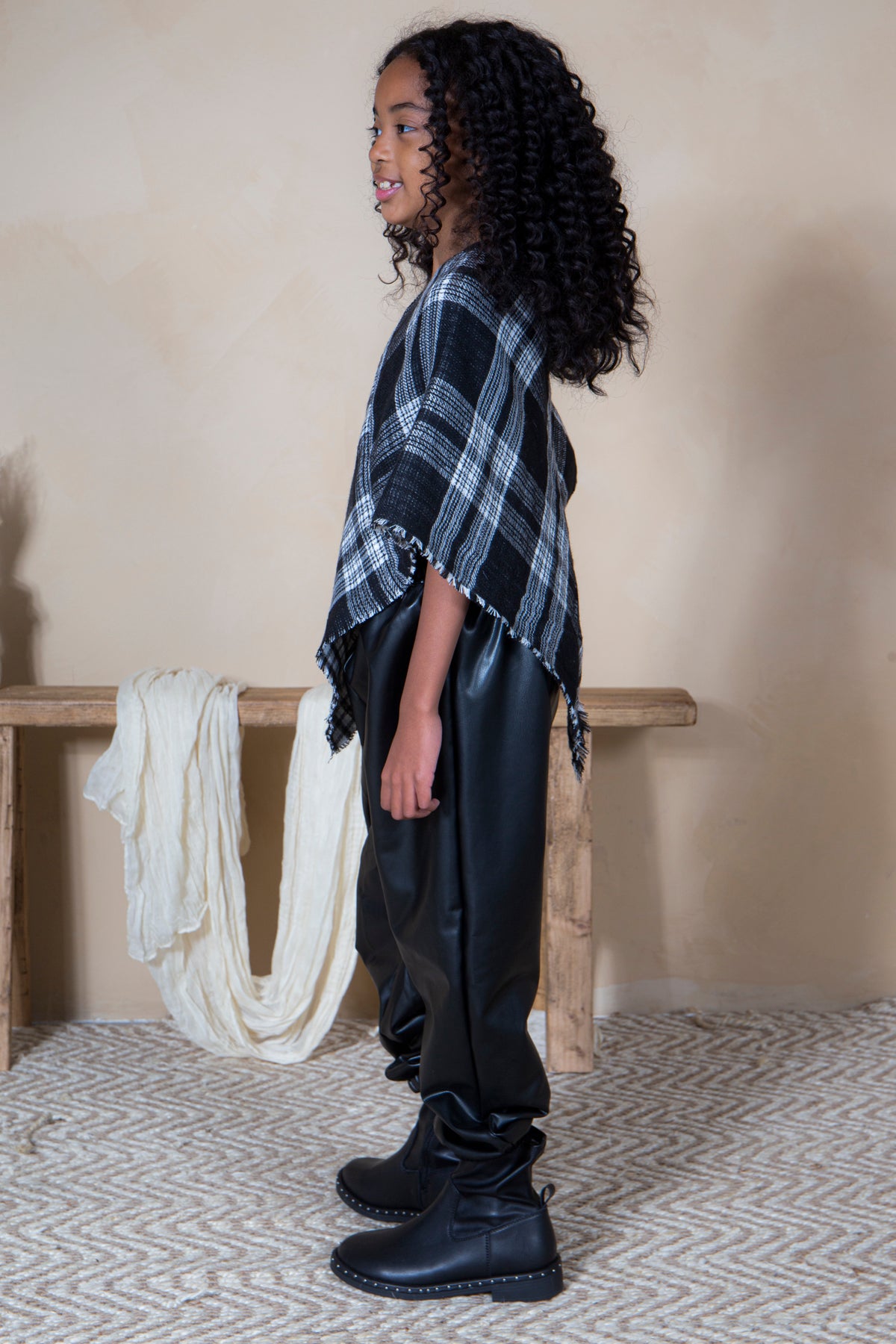 Mini Momo Blanket Shawl Wrap Mommy and Me Matching Cape - Winter Poncho Buffalo Plaid Warm Cardigan - Lifestyle - Side